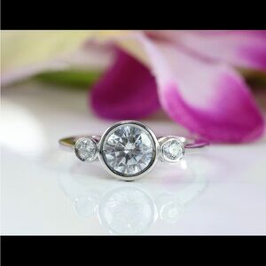Modern Bezel Set 3-Stone Ring | Round Cut Trilogy Promise Ring | Silver Tone  7